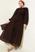 Full-Length Buttoned Ruffled Dress with String Belt, Brown
