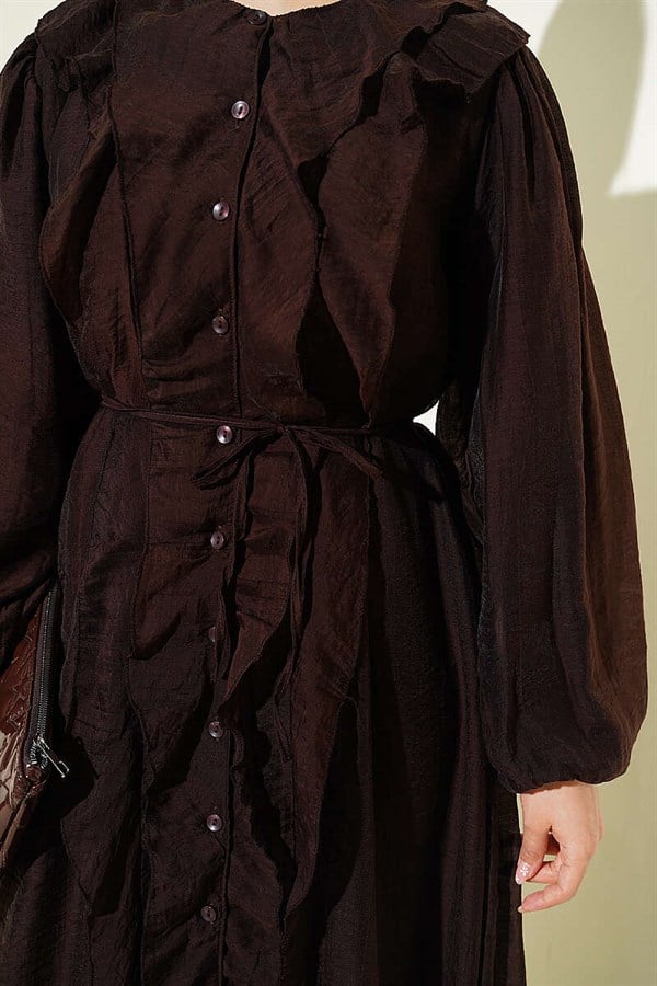 Full-Length Buttoned Ruffled Dress with String Belt, Brown