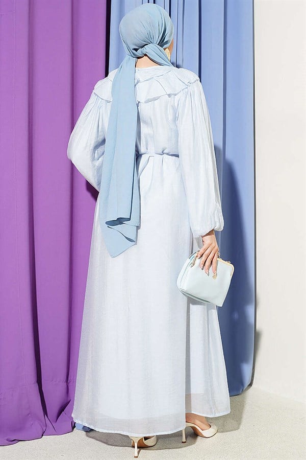 Full-Length Buttoned Ruffled Dress with String Belt, Baby Blue