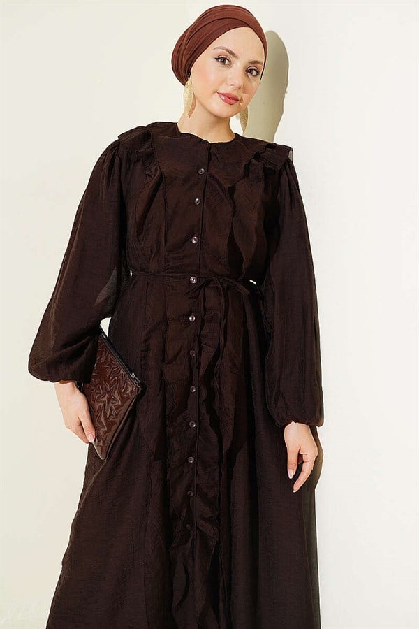 Full-Length Buttoned Ruffled Dress with String Belt, Brown