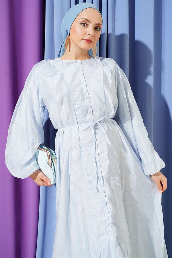 Full-Length Buttoned Ruffled Dress with String Belt, Baby Blue