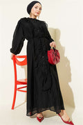 Button-down, ruffled dress with drawstring detail, black.