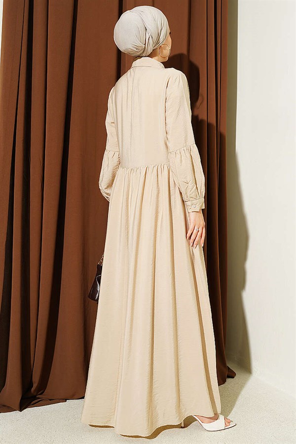 Full-Length Button-Down Shirt Collar Dress, Beige