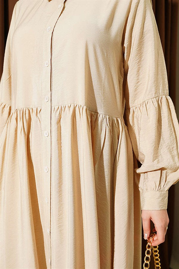 Full-Length Button-Down Shirt Collar Dress, Beige