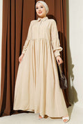 Full-Length Button-Down Shirt Collar Dress, Beige