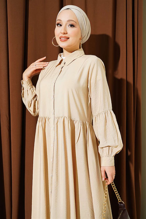 Full-Length Button-Down Shirt Collar Dress, Beige