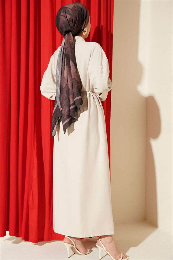 Full-Length Button-Down Lace-Up Tencel Dress in Stone