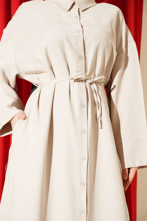 Full-Length Button-Down Lace-Up Tencel Dress in Stone