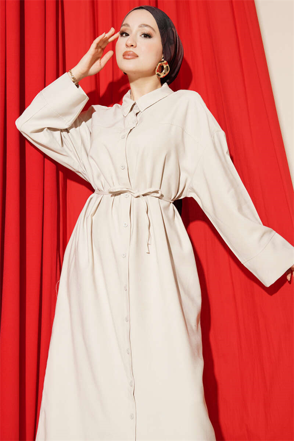 Full-Length Button-Down Lace-Up Tencel Dress in Stone