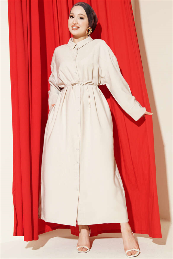 Full-Length Button-Down Lace-Up Tencel Dress in Stone
