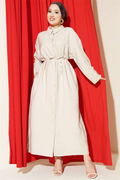Full-Length Button-Down Lace-Up Tencel Dress in Stone