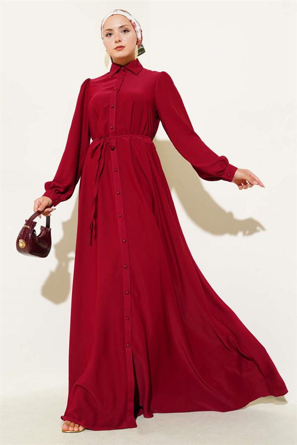 Buttoned-down Rope Belted Dress, Burgundy
