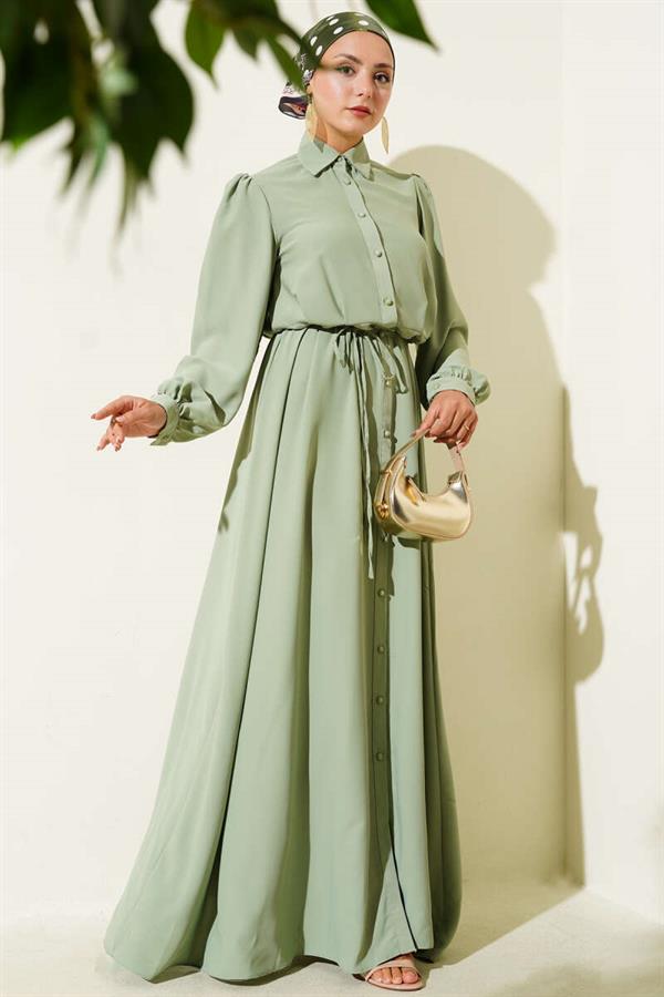 Button-Down Rope Belted Dress in Almond Green