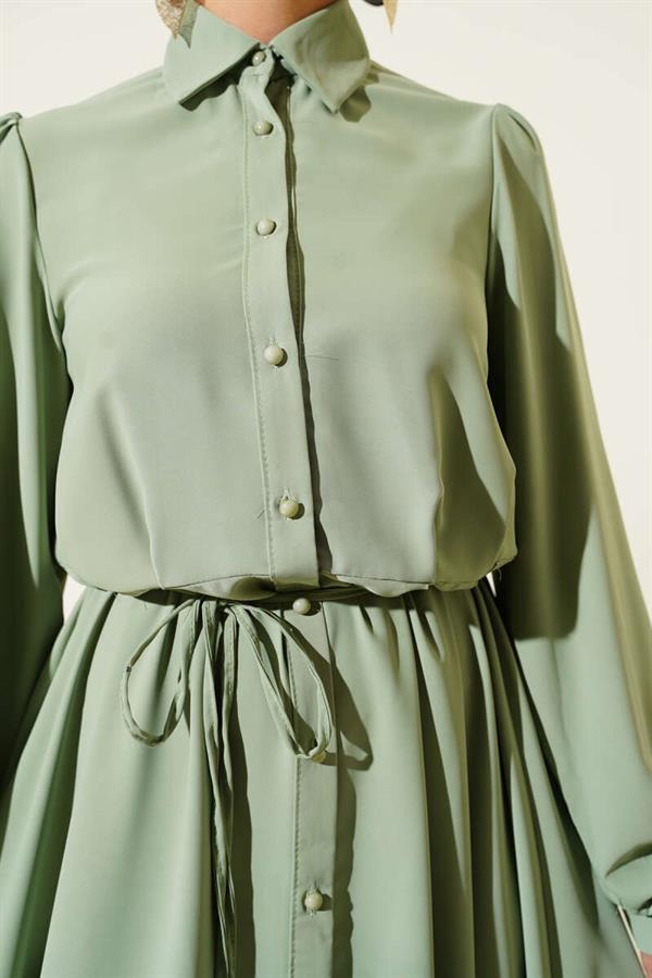 Button-Down Rope Belted Dress in Almond Green