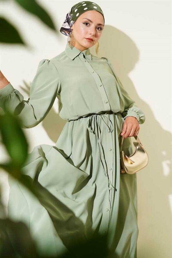 Button-Down Rope Belted Dress in Almond Green