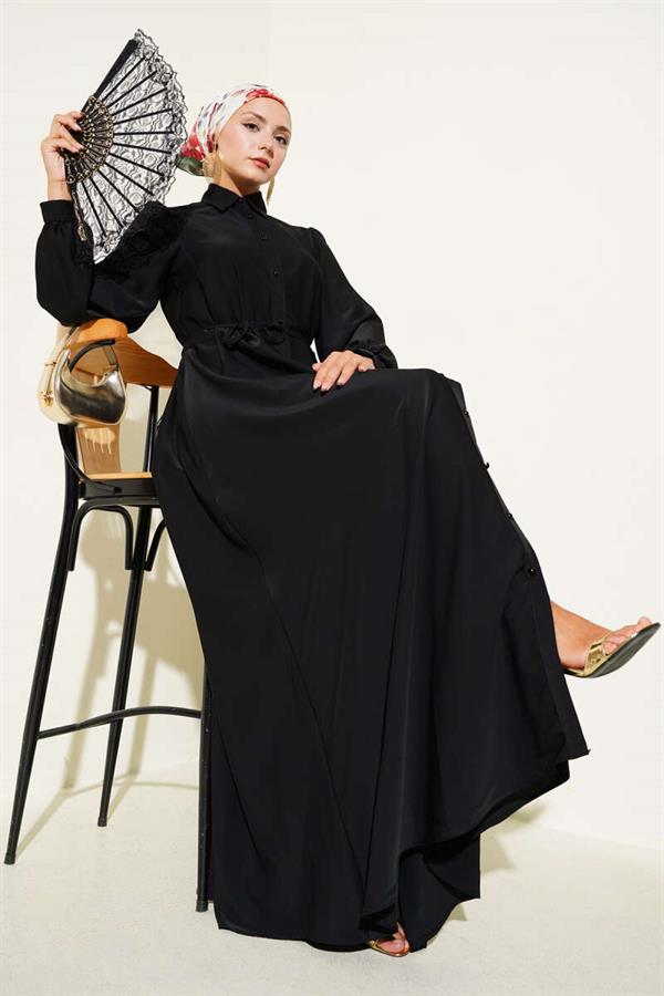 Buttoned Rope Belted Dress Black
