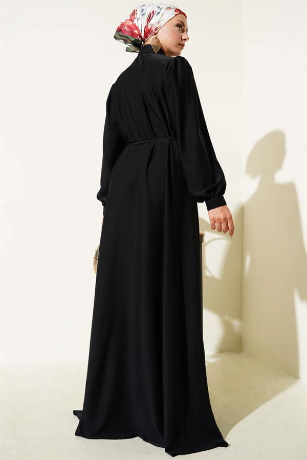 Buttoned Rope Belted Dress Black