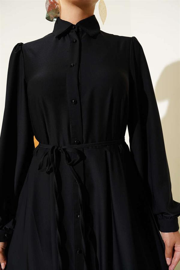 Buttoned Rope Belted Dress Black