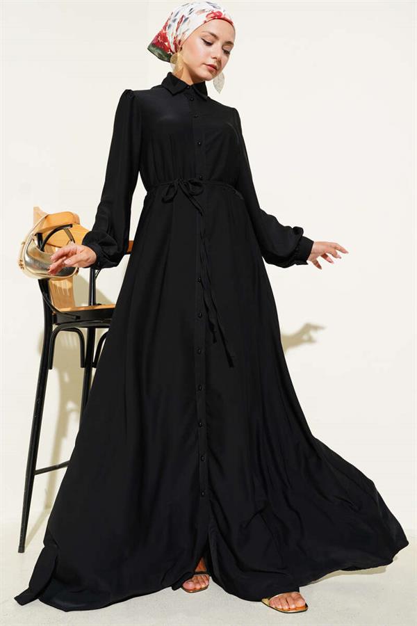 Buttoned Rope Belted Dress Black