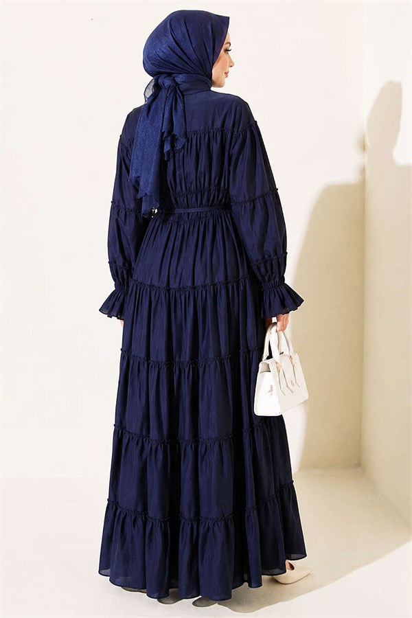 Full-Length Buttoned Layered Gathered Dress Navy Blue