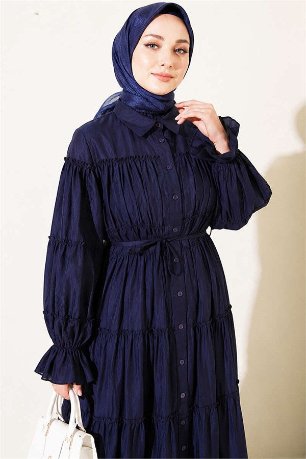 Full-Length Buttoned Layered Gathered Dress Navy Blue