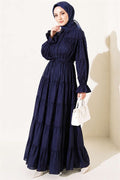 Full-Length Buttoned Layered Gathered Dress Navy Blue