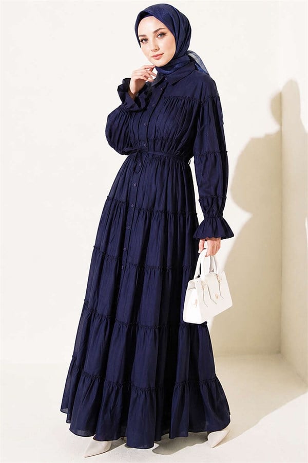 Full-Length Buttoned Layered Gathered Dress Navy Blue