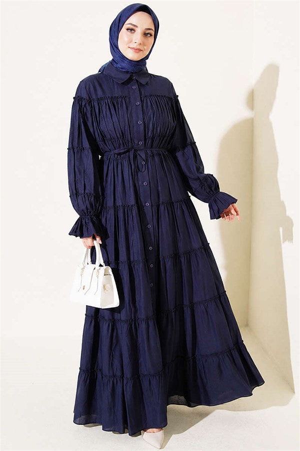 Full-Length Buttoned Layered Gathered Dress Navy Blue