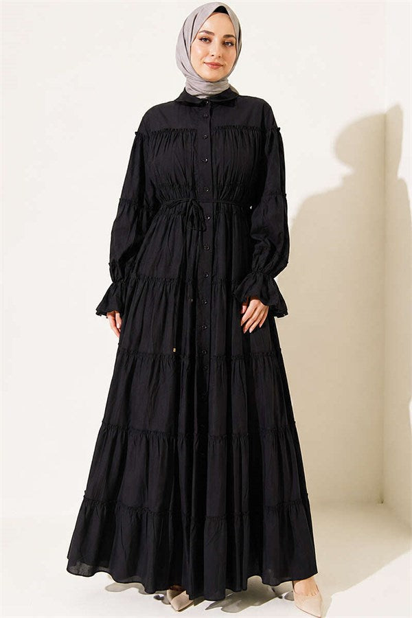 Button-Down Layered Ruched Dress, Black