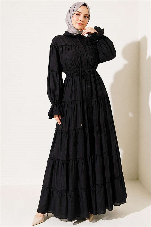 Button-Down Layered Ruched Dress, Black