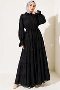 Button-Down Layered Ruched Dress, Black