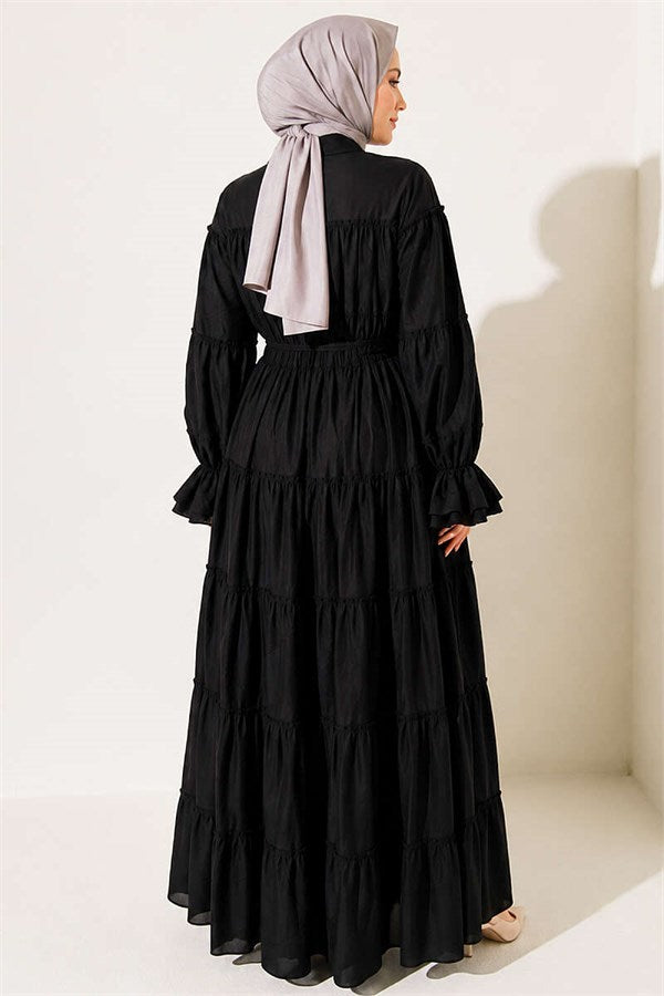 Button-Down Layered Ruched Dress, Black