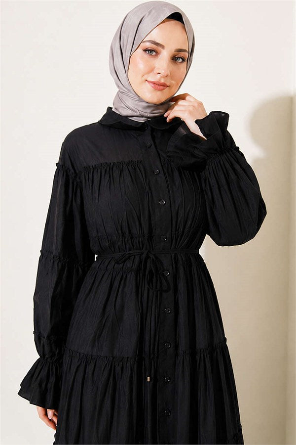 Button-Down Layered Ruched Dress, Black