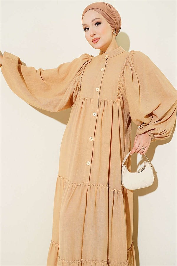 Full-Length Buttoned Layered Dress, Beige