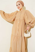 Full-Length Buttoned Layered Dress, Beige