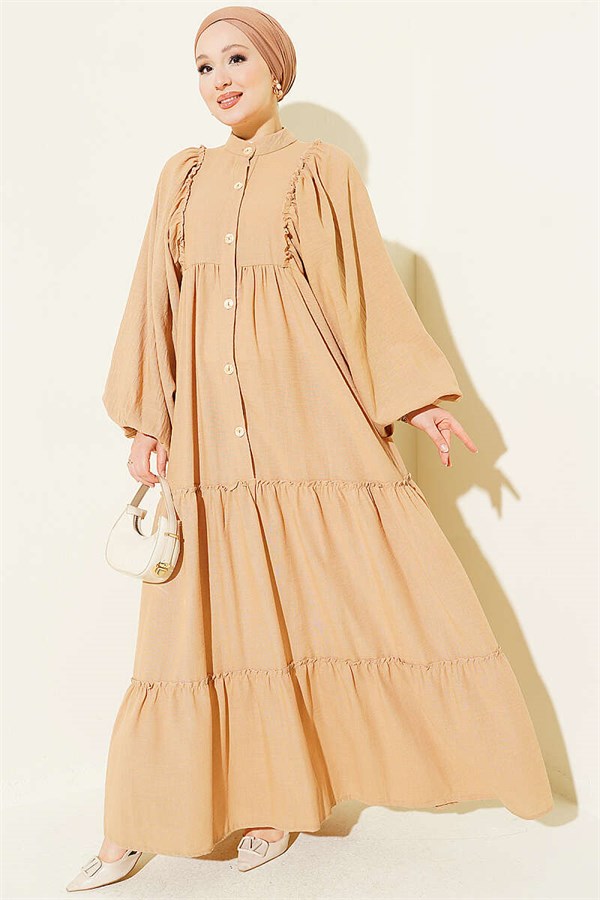 Full-Length Buttoned Layered Dress, Beige