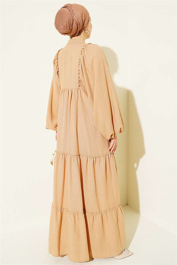 Full-Length Buttoned Layered Dress, Beige
