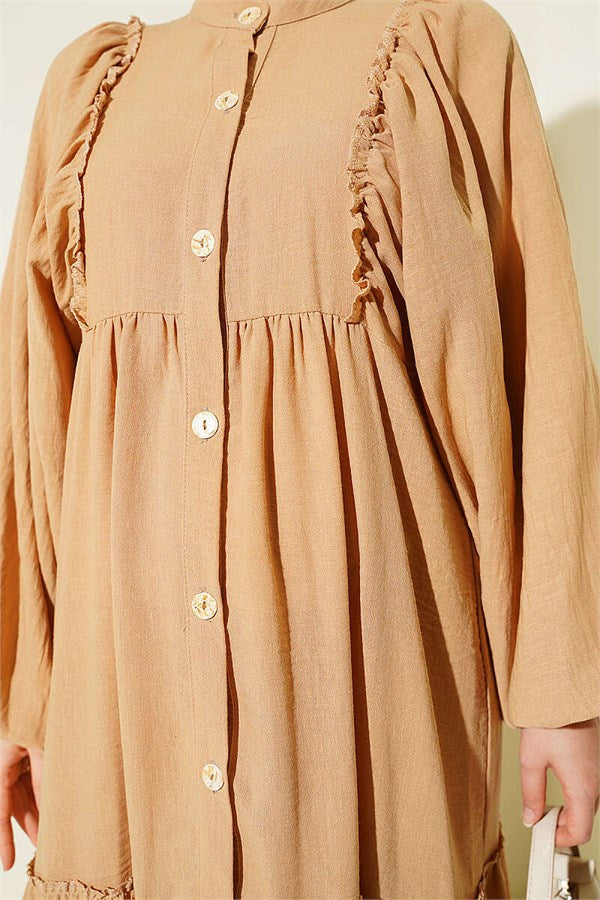 Full-Length Buttoned Layered Dress, Beige