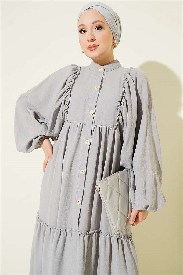 Full-Length Buttoned Layered Dress Grey