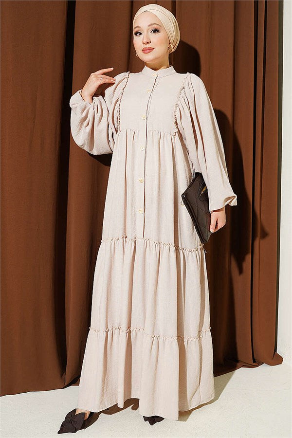 Full-Length Buttoned Layered Dress with Stones