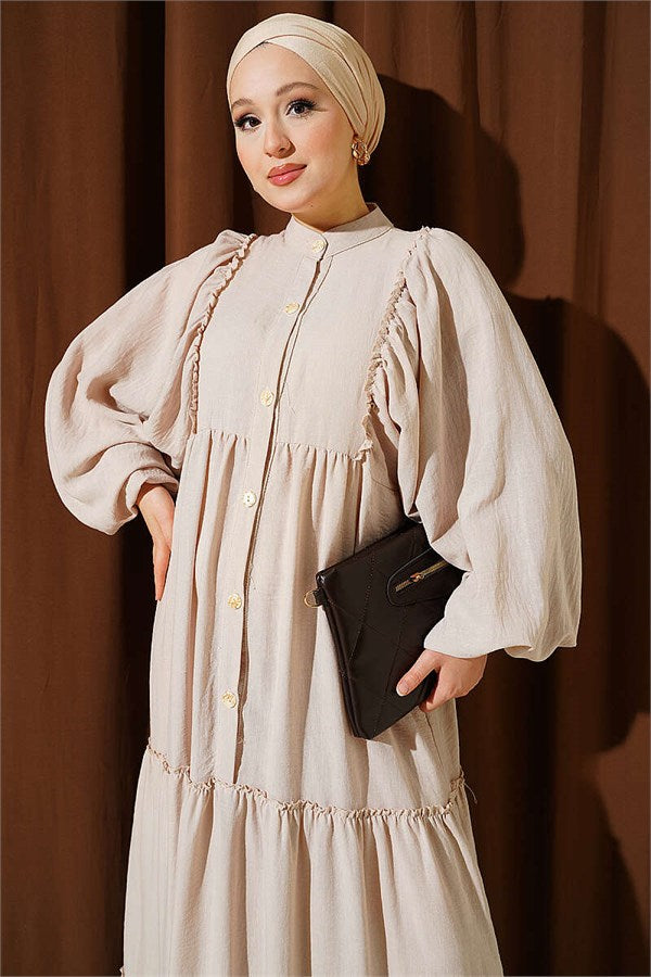 Full-Length Buttoned Layered Dress with Stones