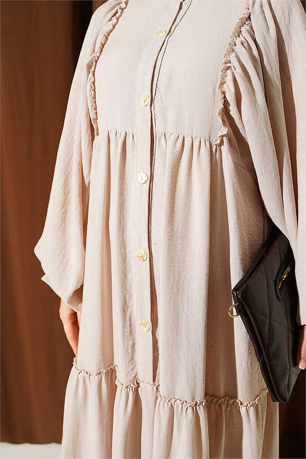 Full-Length Buttoned Layered Dress with Stones