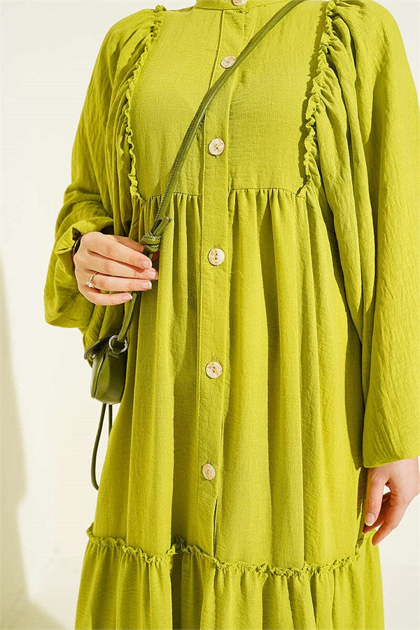 Full-Length Buttoned Layered Dress in Olive Green