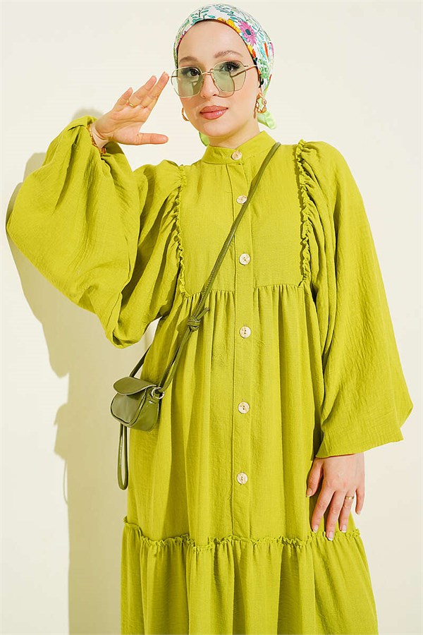 Full-Length Buttoned Layered Dress in Olive Green