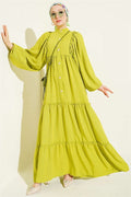 Full-Length Buttoned Layered Dress in Olive Green