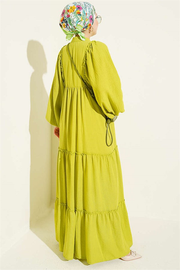 Full-Length Buttoned Layered Dress in Olive Green