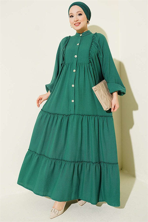 Full-Length Buttoned Layered Dress Green