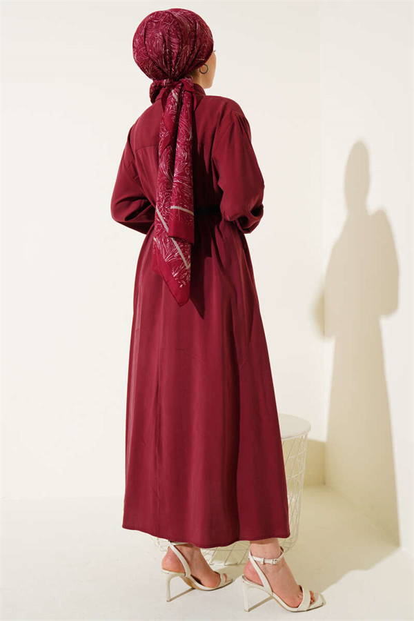 Button-Down Belted Basic Dress in Burgundy