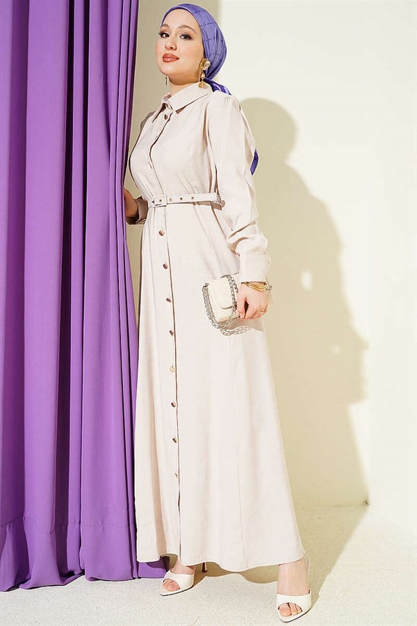 Button-down Tencel Dress with Belt, Beige