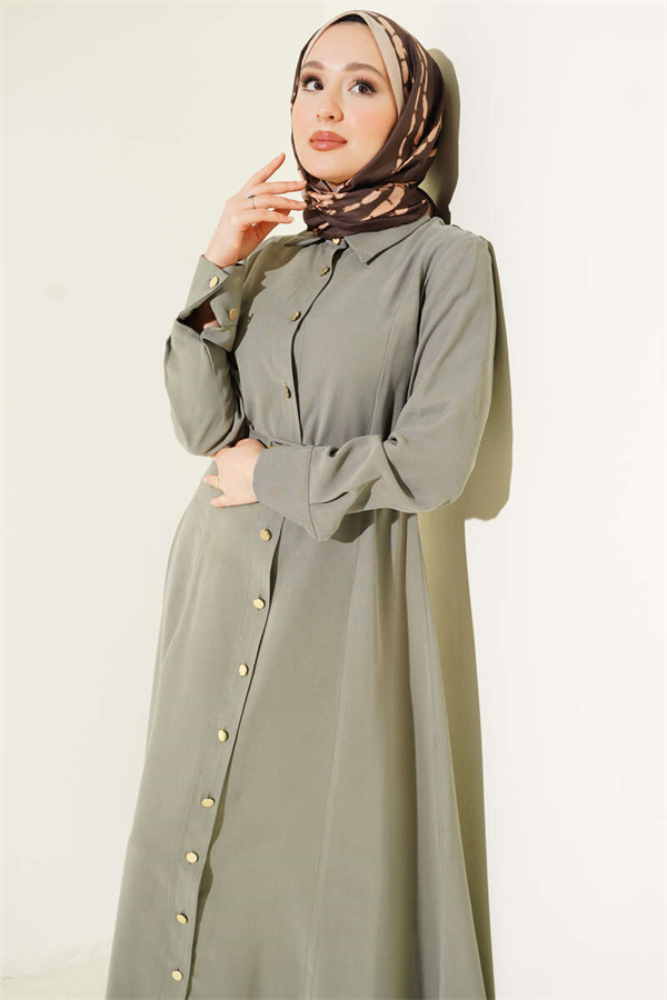 Button-Down Belted Tencel Dress in Khaki